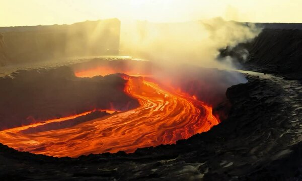 Close-up with bright, early morning light: The camera starts with a close-up of a magma chamber beneath a caldera. Bright, early morning light highlights the magma&rsquo;s movement and the caldera&rsquo;s structu