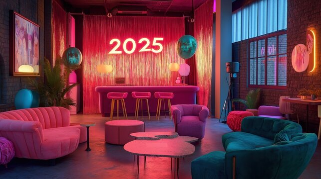 Creative New Year decoration ideas for an open-plan office featuring a vibrant photo booth corner for 2025 celebrations