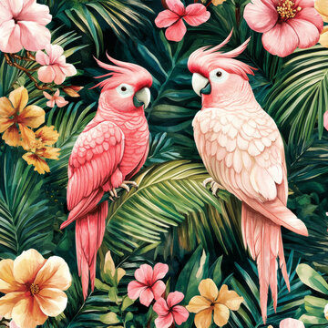 A vibrant seamless pattern featuring watercolor pink cockatoos perched on tropical palm leaves, surrounded by lush exotic flowers. The lively colors and intricate details of the parrots and foliage