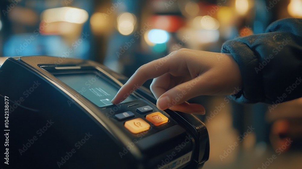 Poster close-up of a person entering their pin on a point-of-sale terminal to complete a purchase transacti