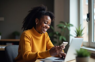 Beautiful smiling black young woman, using phone for networking or social media at office, reading text message, tying, chatting on internet, making video call.