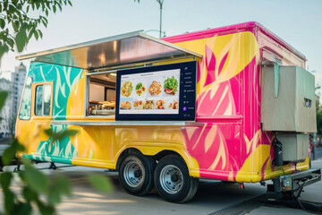 Colorful food truck displaying digital menu on the street