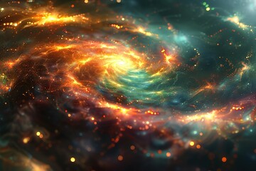 A spiral galaxy with a bright orange center and green and blue swirls