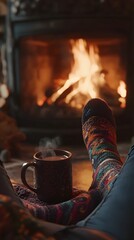 A person wearing cozy socks with patterns is sitting by the fireplace, sipping on hot cocoa while they warm up their feet in front of it.