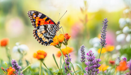 Obraz premium Beautiful butterfly perched on a flower in a field of flowers