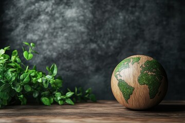 A wooden globe with a green map of the world placed next to lush greenery on a rustic wooden surface
