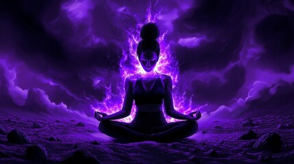 Woman Meditating in Lotus Position with Violet Flame Aura in Mystical Landscape