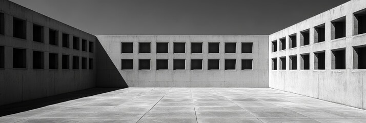 Fototapeta premium 現代的なコンクリート建築の内部、影が落ちる四角い空間での静けさとシンプルさ