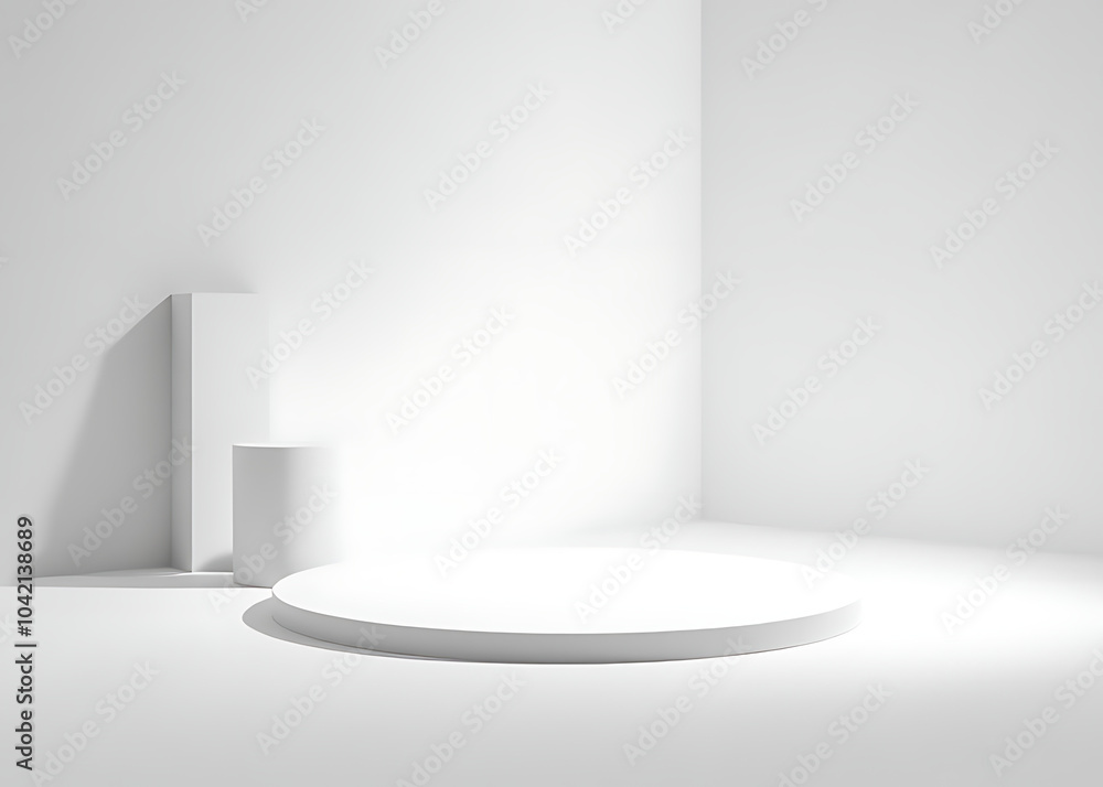 Poster A minimalist setting features an empty stage with a predominantly white aesthetic and design elements.