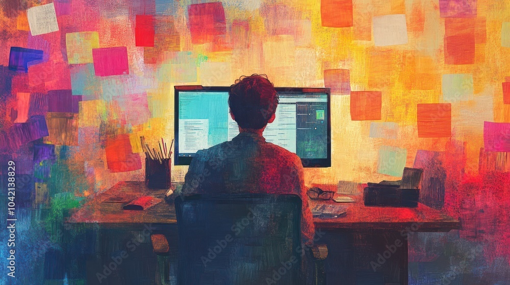 Poster a person sits at a desk in front of a computer, surrounded by colorful sticky notes, in a dimly lit 
