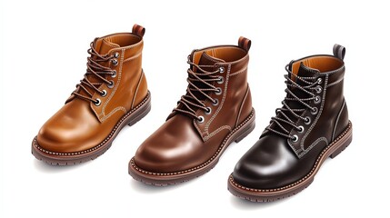 Stylish lace-up boots collection showcasing designs in natural leather, isolated on white background