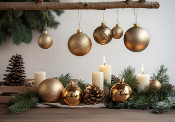 Fototapeta premium Elegant holiday decorations with golden ornaments and candles on a wooden table in a cozy setting