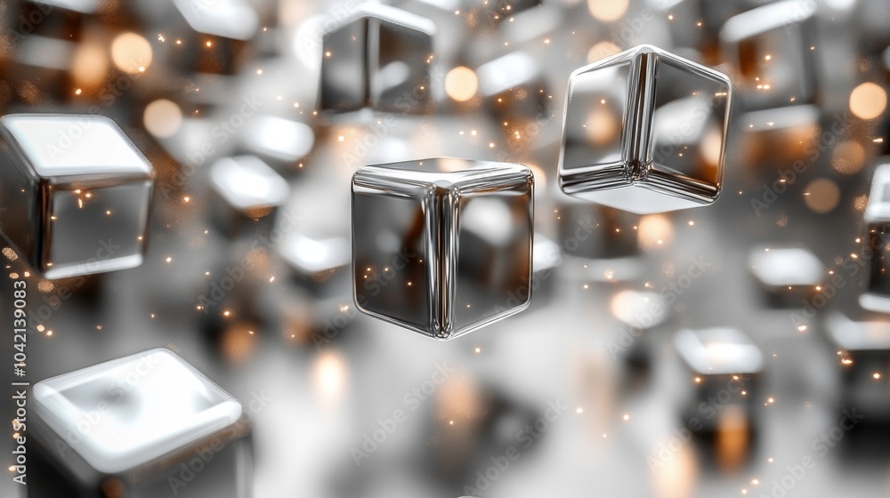 Poster Metallic cubes hover in mid-air, reflecting light and creating a captivating effect against a softly blurred background of warm golden tones. This dynamic composition is visually stunning.