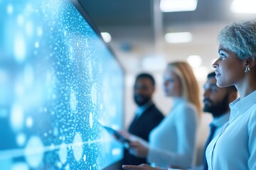 Professionals interacting with futuristic interface