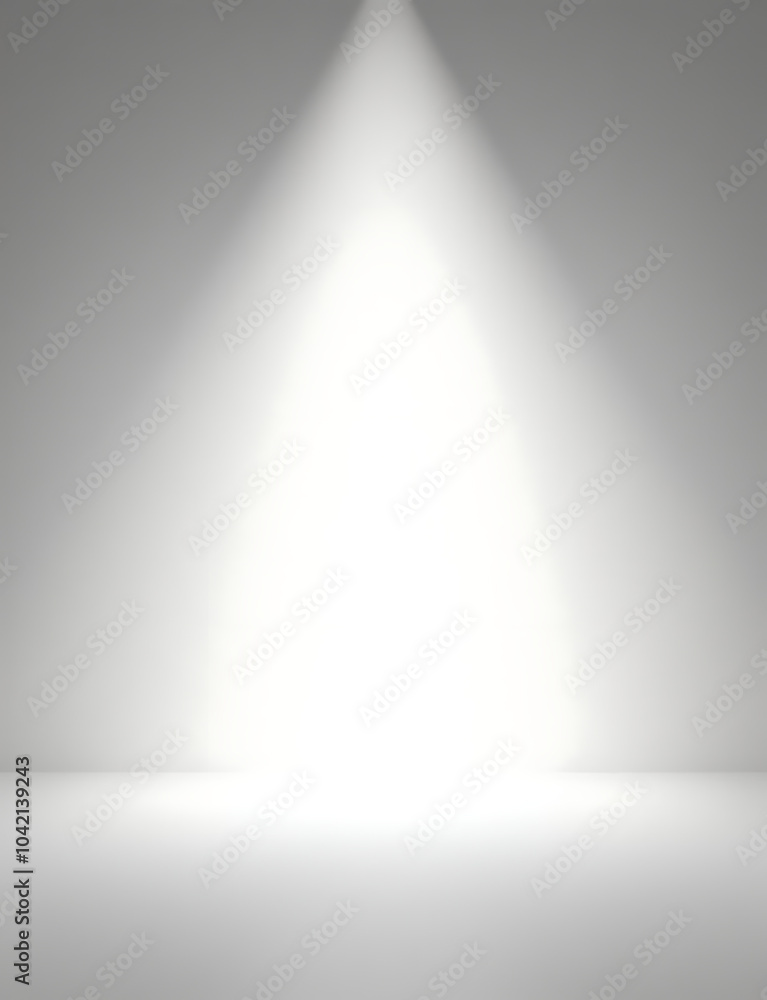 Poster a minimalist stage with a clean white backdrop, no set design, and a single bright spotlight illumin