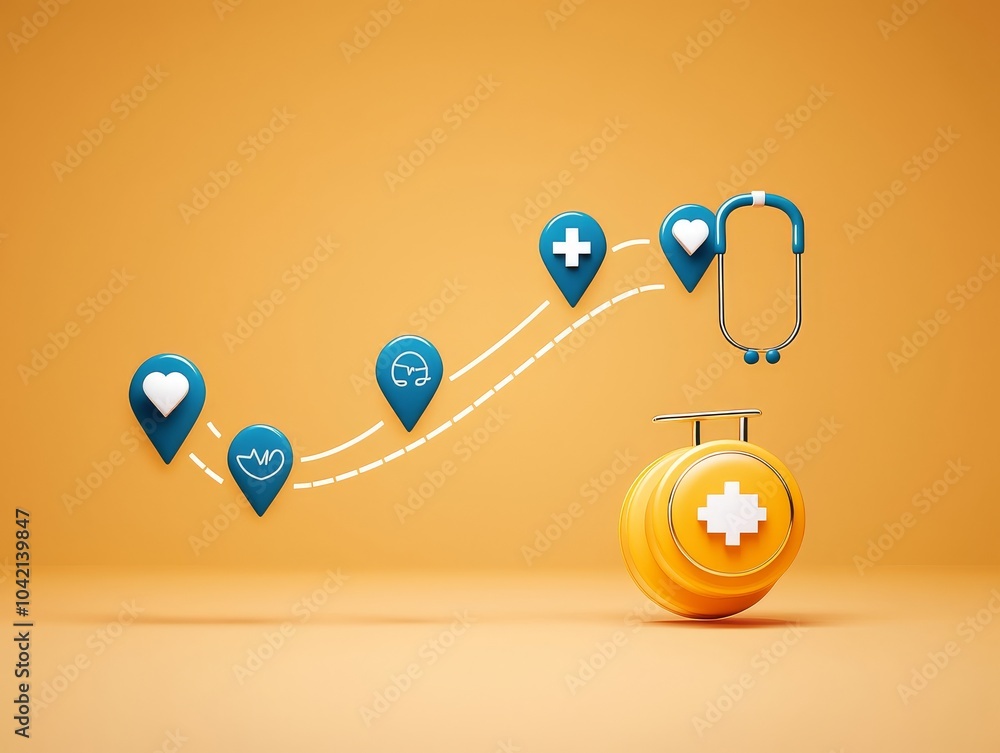 Poster dynamic 3d healthcare timeline with floating milestone markers depth effects and engaging visual ele