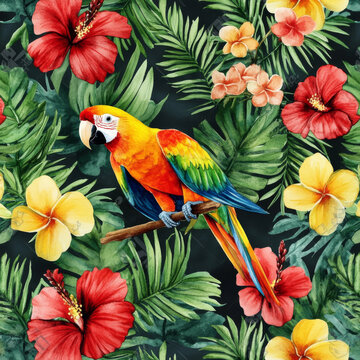 A lively watercolor illustration of parrots among tropical flowers and palm leaves, arranged in a seamless pattern. The lush flora and birds create a vibrant botanical background, perfect for tropical