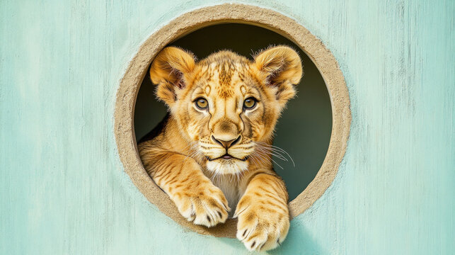 Adorable lion cub peeking through a hole in a wall