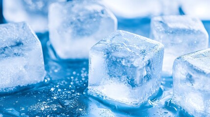 Crystal Clear Stacked Ice Cubes - Macro Photography of Frozen Textures and Cool Tones for Refreshing Beverage Concepts