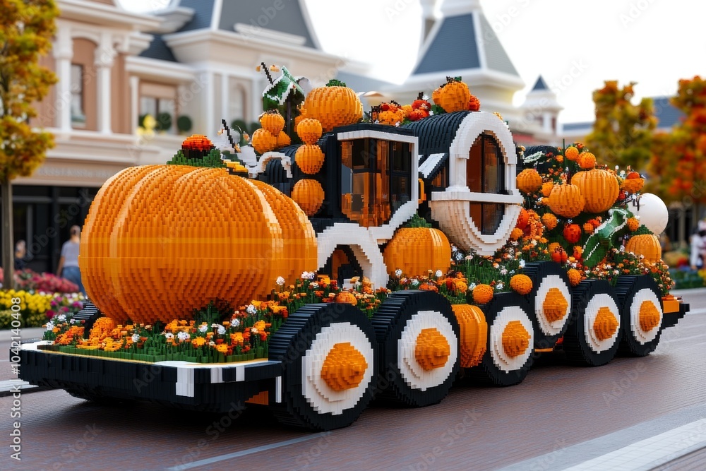 Poster 3D illustration of a Thanksgiving parade float, showing intricate design and festive elements in a colorful digital format