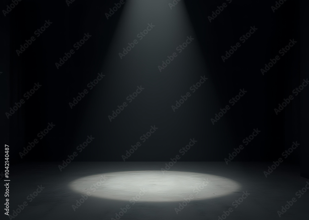 Poster A minimalist stage with dark walls and no set design, a single spotlight in the middle, creating an intense atmosphere on the empty floor.