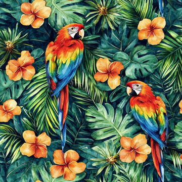 A lively watercolor illustration of parrots among tropical flowers and palm leaves, arranged in a seamless pattern. The lush flora and birds create a vibrant botanical background, perfect for tropical