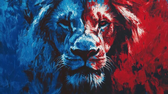 A majestic lion with a red and blue color scheme. Its face is a strong and imposing image, with an intense gaze.
