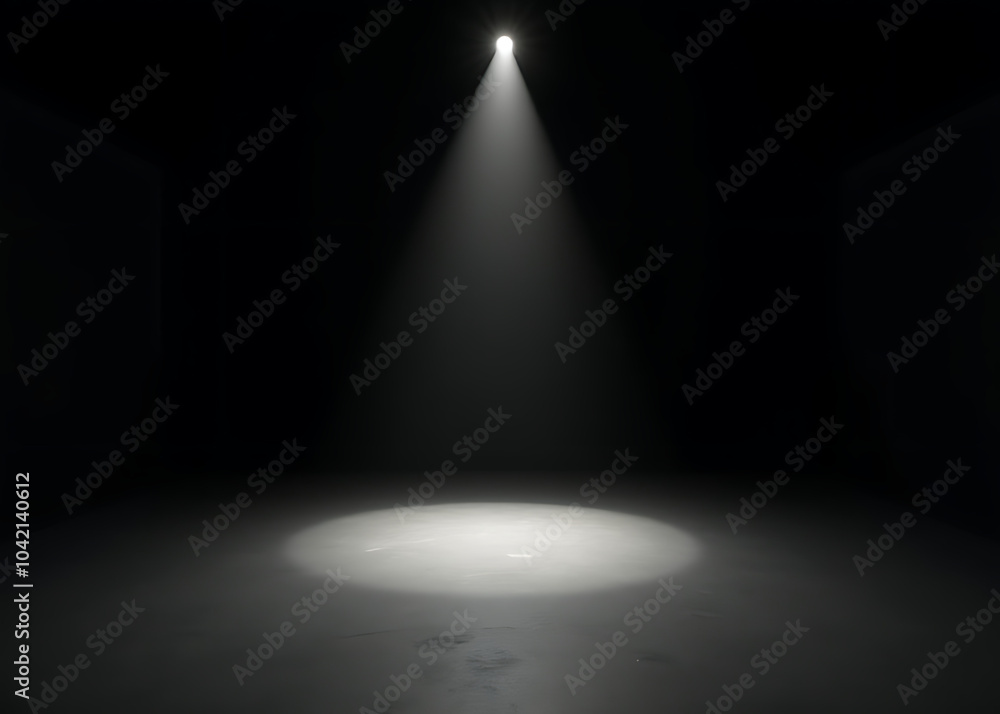 Poster a minimalist theater stage with clean black walls, a single spotlight shining on the empty floor, cr