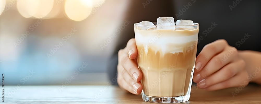 Poster Elegant Stacked Ice Cubes in Iced Latte - Inviting Modern Cafe Atmosphere for Refreshing Beverage Concepts