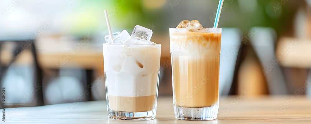 Poster chilled iced latte with stacked ice cubes in a stylish modern cafe setting � perfect for refreshing 