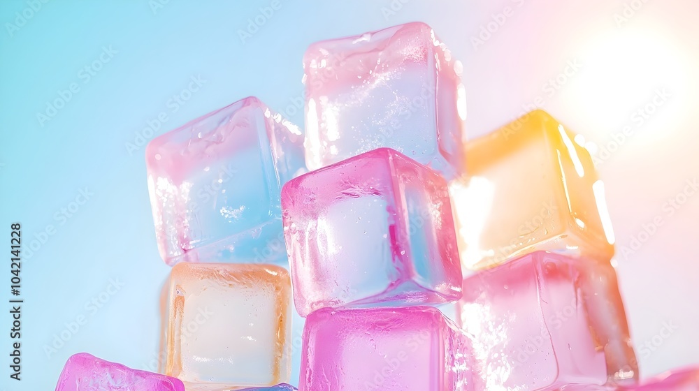 Poster vibrant stacked ice cubes with sunlight - crystal clear texture capturing summer vibes in a refreshi