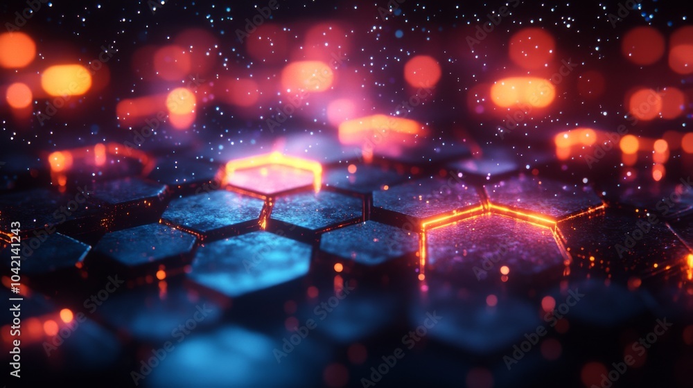 Aufkleber colorful hexagonal shapes emit a glowing light in shades of blue and orange, creating an immersive, 