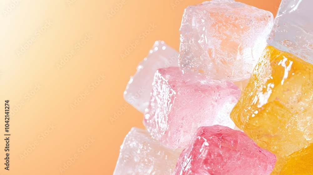 Poster Vibrant Stacked Ice Cubes with Sunlight - Crystal Clear Texture and Summer Vibes for Refreshing Beverage Concepts