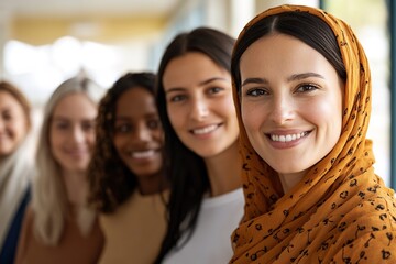 Obraz premium Diverse group of smiling women, focus on woman with headscarf
