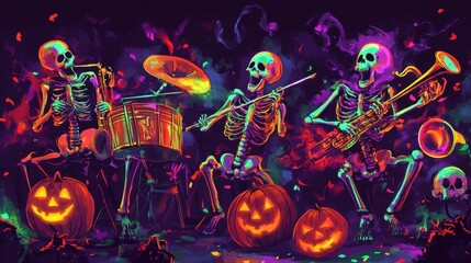 Obraz premium Colorful skeletons playing instruments in a spooky jazz band, with glowing pumpkins and dancing ghosts in the background.