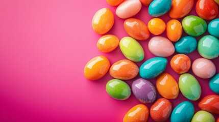 Obraz premium Colorful candy-coated almonds on pink background