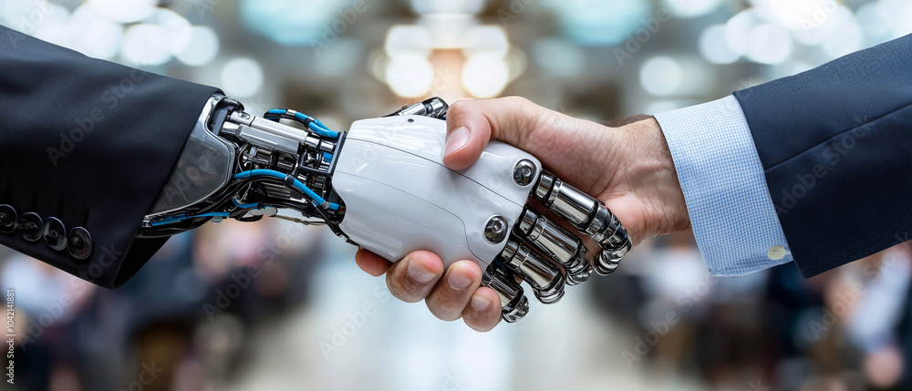 Aufkleber robotic hand shaking hands with human symbolizes collaboration between technology and people, highli