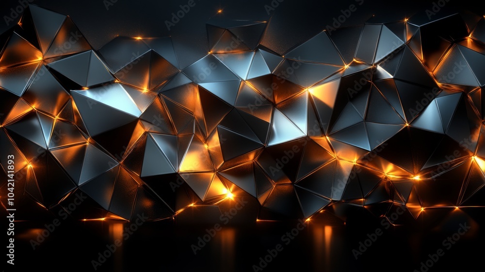 Poster The artwork features a captivating array of polygonal shapes illuminated with warm light against a dark background, showcasing dynamic contrasts and intricate textures.