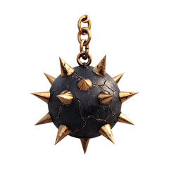 Metal spiked mace pendant with a chain, detailed with cracks and texture, isolated on a white background.