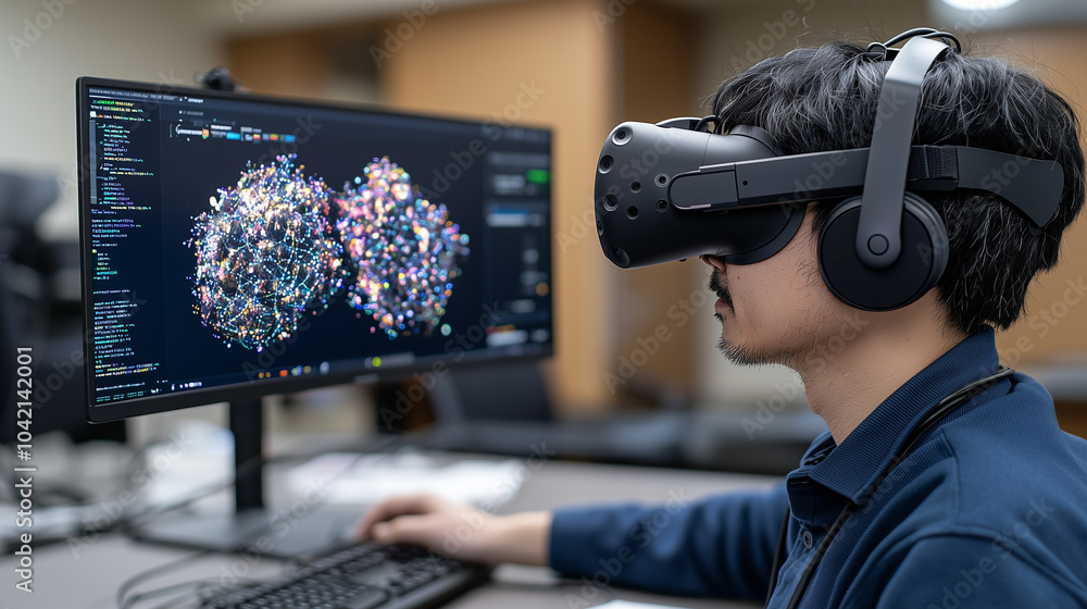 Poster scientist uses augmented reality to visualize complex data on computer screen, wearing VR headset in modern office setting