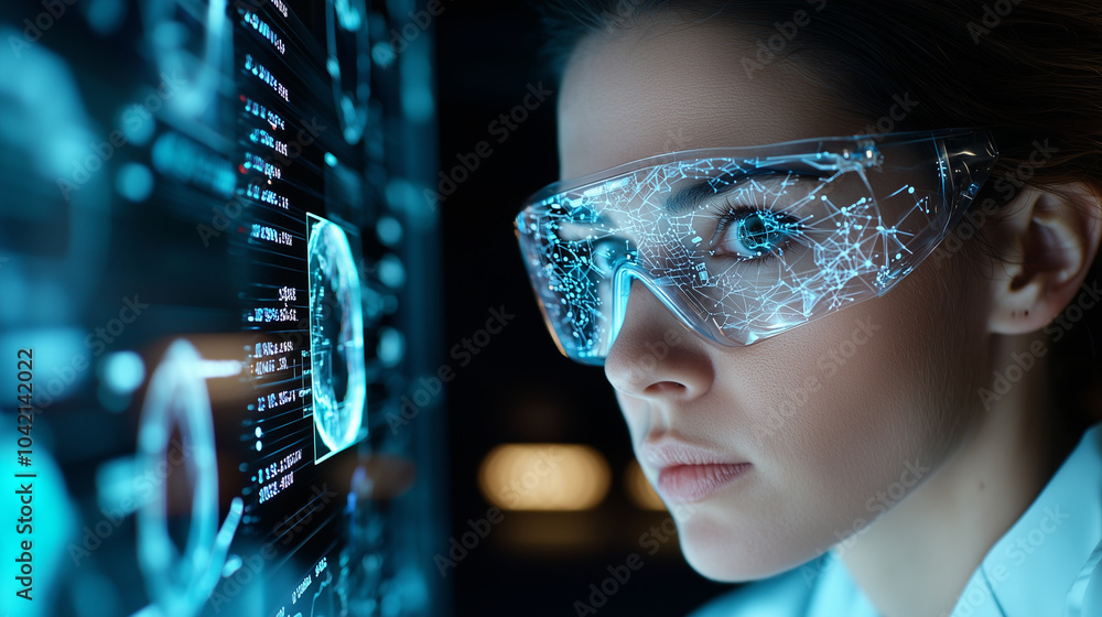 Poster scientist uses augmented reality glasses to visualize complex data, enhancing research with futuristic technology. immersive display shows intricate digital networks