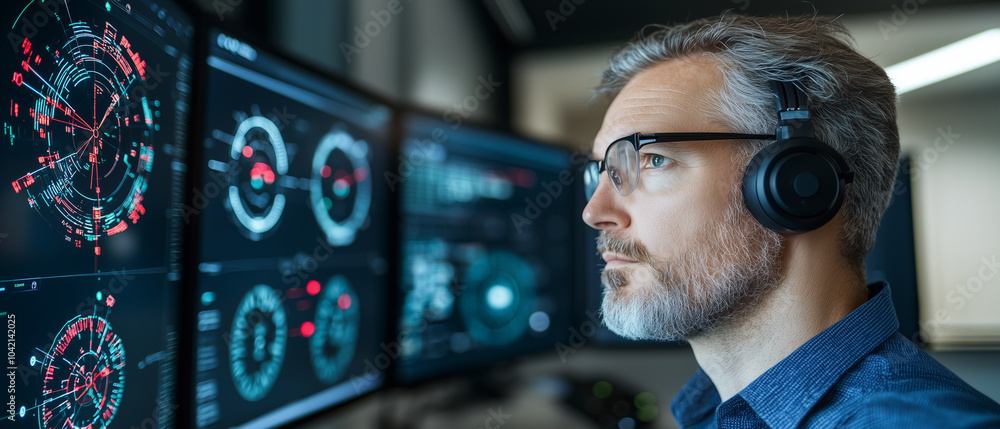 Poster man with headphones monitors multiple screens displaying data in smart city control center. environment is high tech and focused, with digital interfaces and analytical tools