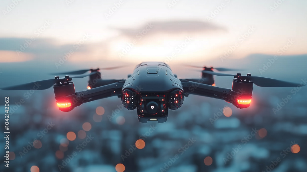 Poster drone with glowing lights hovers over cityscape at dusk, showcasing advanced technology and innovati