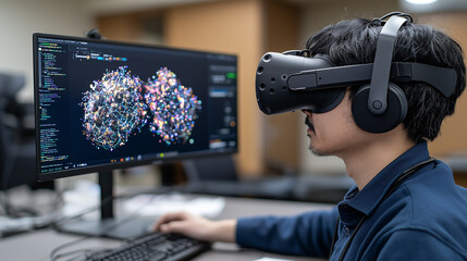 scientist uses augmented reality to visualize complex data on computer screen, wearing VR headset in modern office setting