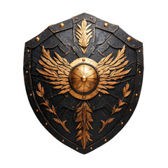 Ornate shield design with intricate detailing and a central emblem, isolated on a white background.