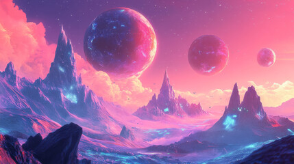 Fototapeta premium Surreal alien landscape with colorful skies and majestic planets