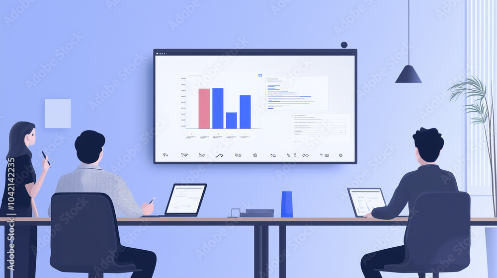 Aufkleber team of data analysts is interpreting big data in modern office, focusing on presentation with charts. atmosphere is collaborative and professional