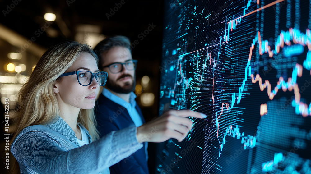 Poster Two professionals analyze data on large digital screen, focusing on graphs and charts. setting is modern office, highlighting teamwork and technology in data analysis