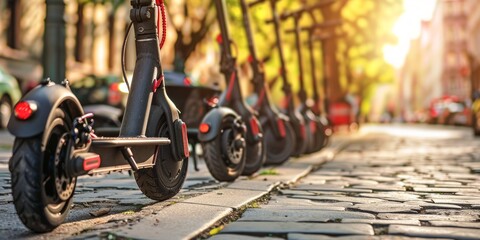 Electric Scooters Parked on a Cobblestone Street