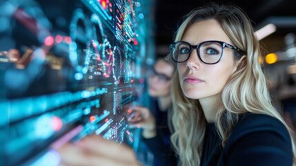 team of data analysts interprets big data on digital screen, focusing intently on complex visualizations. modern office setting enhances analytical atmosphere